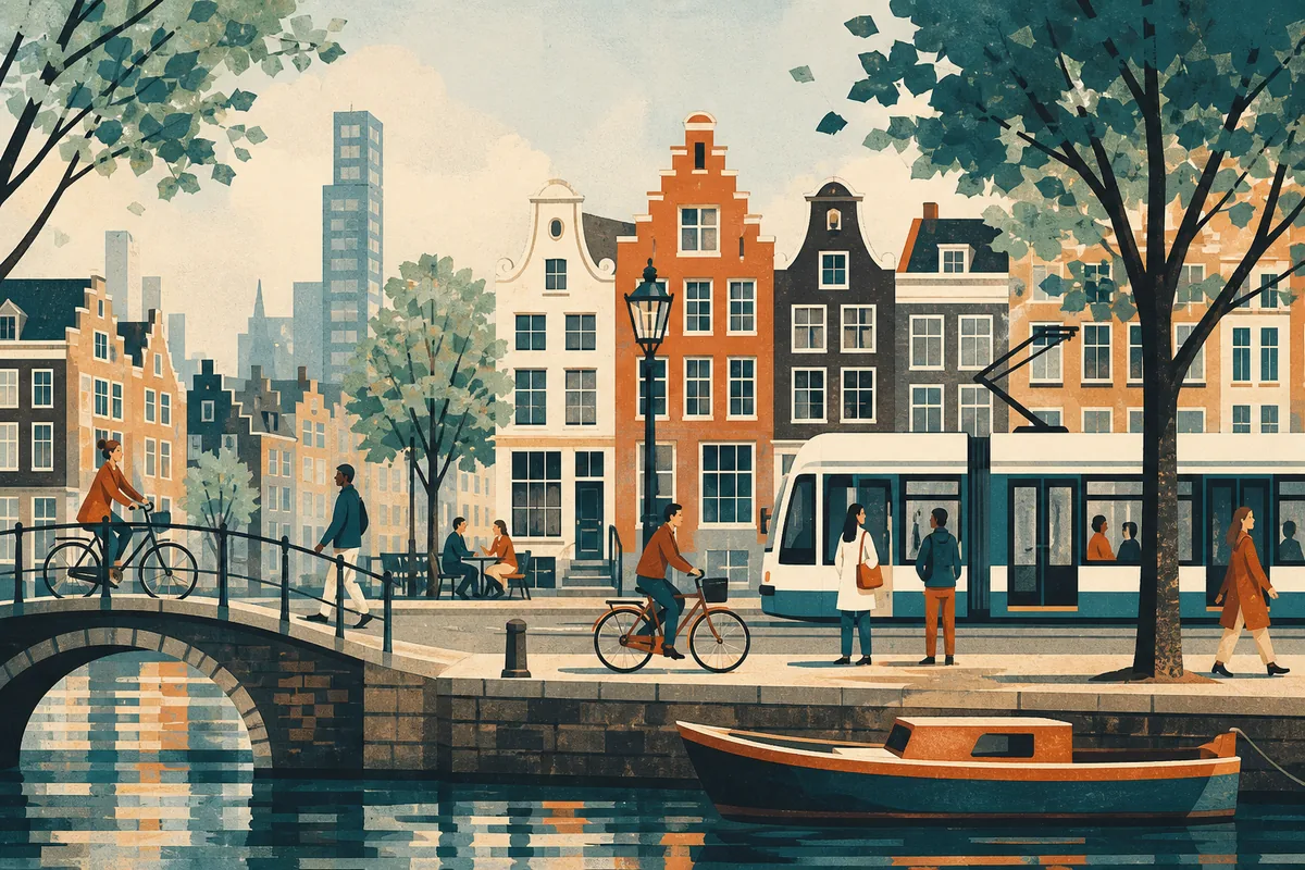 Editorial illustration of everyday Dutch city life with canal houses, bicycles, a tram and a modern skyline
